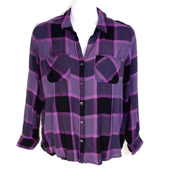 Rock & Republic Purple Black Plaid Button Up Shirt Top Size L Adjustable Sleeve - Picture 2 of 7